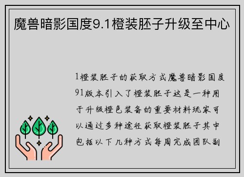 魔兽暗影国度9.1橙装胚子升级至中心